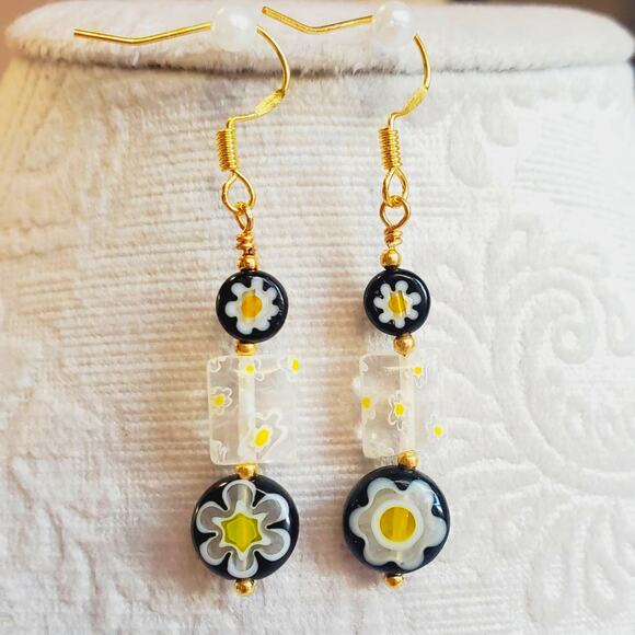 Daisy Earrings Glass Millefiori Beads and 14ct gold filled hooks Handmade - Picture 2 of 3